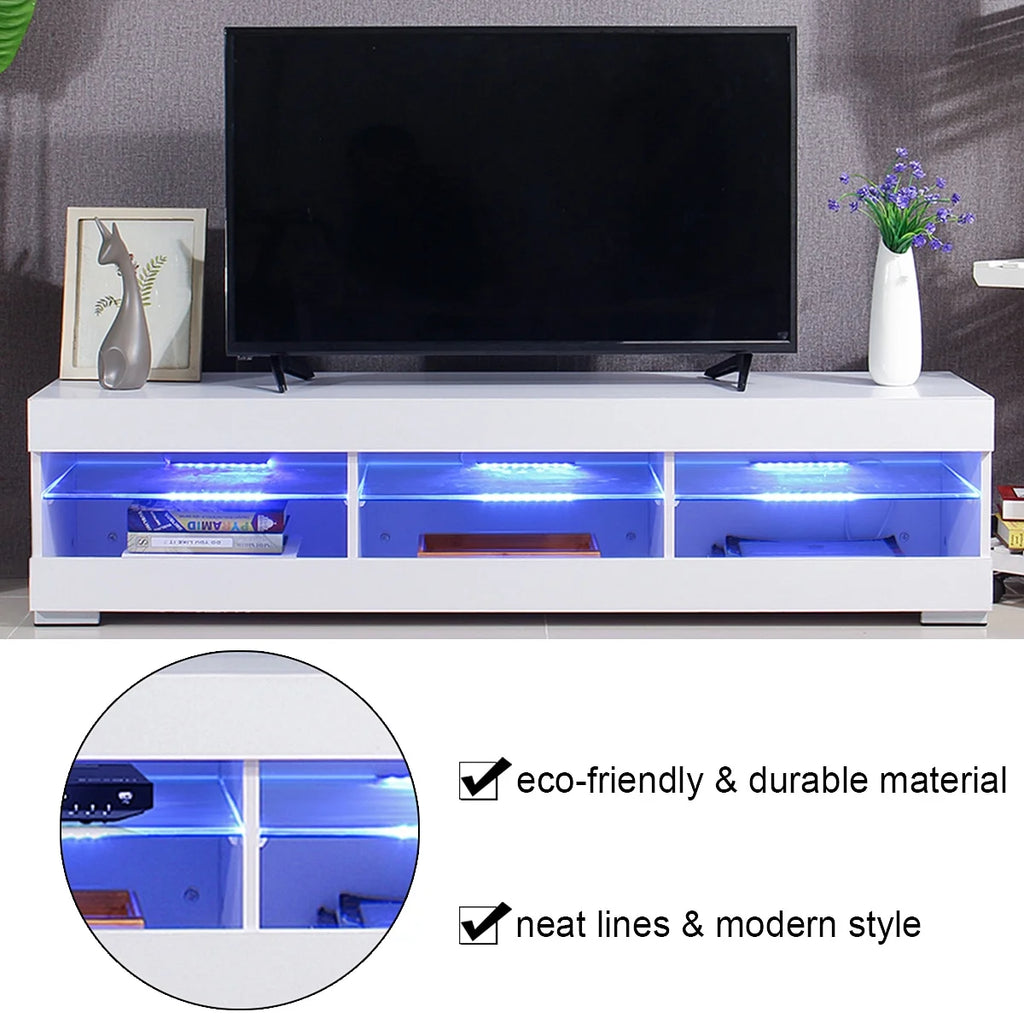 White TV Stand with LED Lights and Glass Shelf W1702