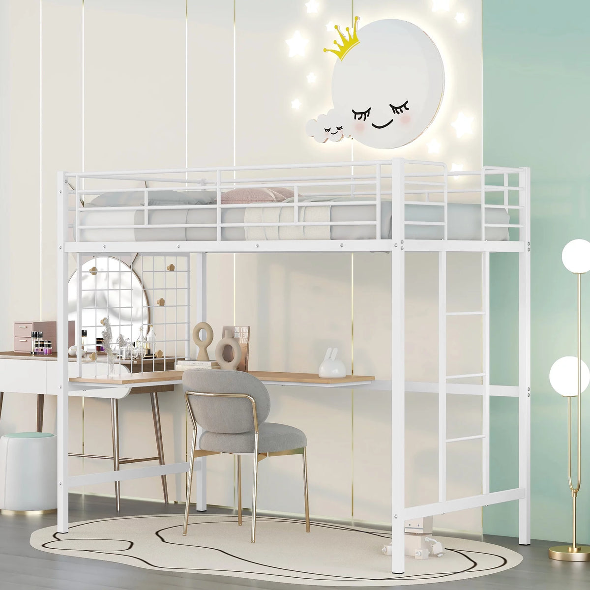 Twin White Metal Loft Bed with Desk Y52621