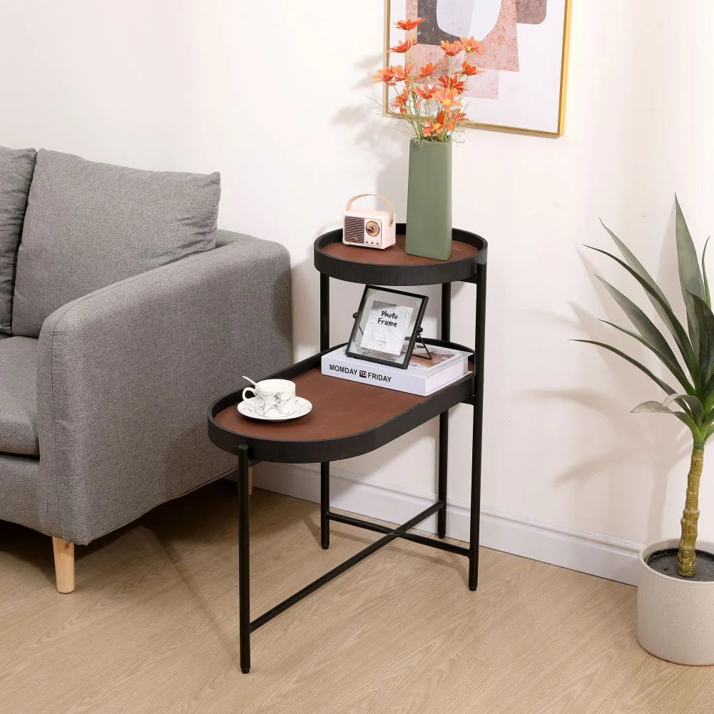Brown 2-Tier Side Table with Wood & PU Tray X9264