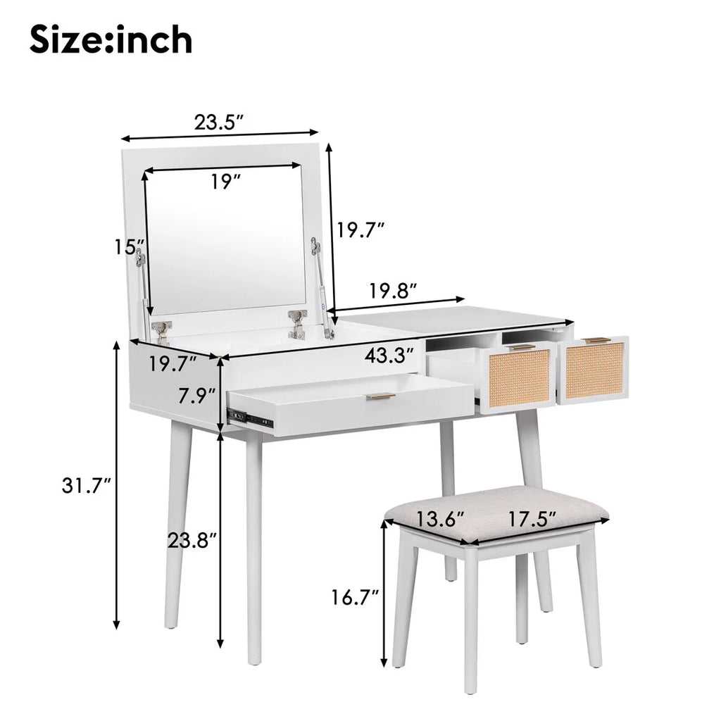 43.3" Wood Makeup Vanity Set with Flip-top Mirror and Stool Q5090