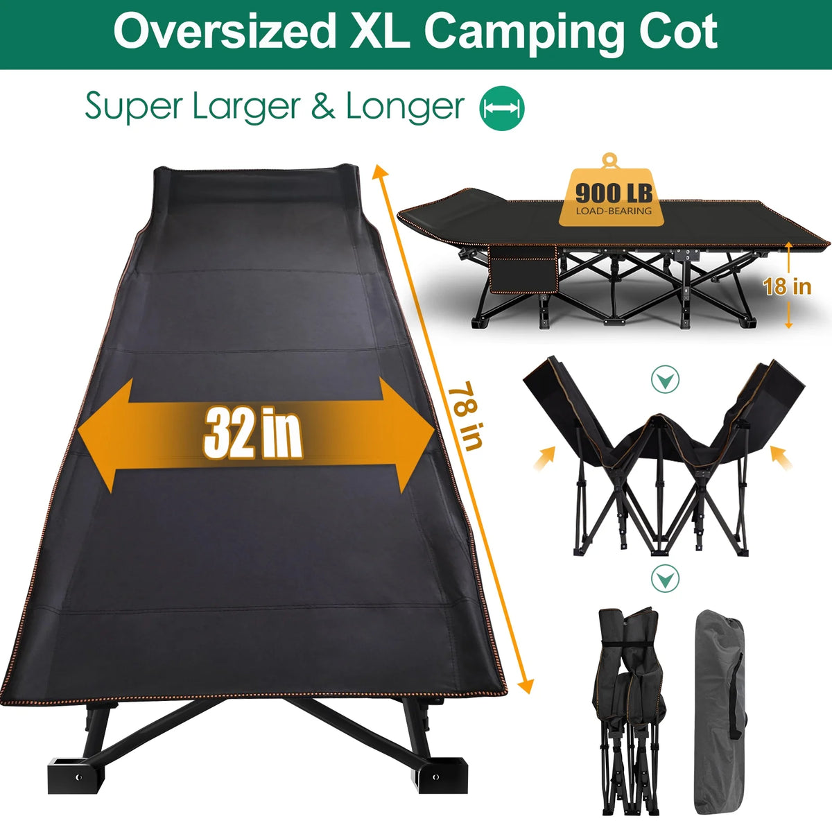 78" Oversized Folding Cot with Mattress and Carry Bag Q6508