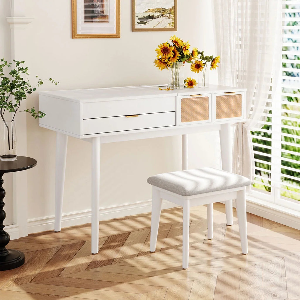 43.3" Wood Makeup Vanity Set with Flip-top Mirror and Stool Q5090