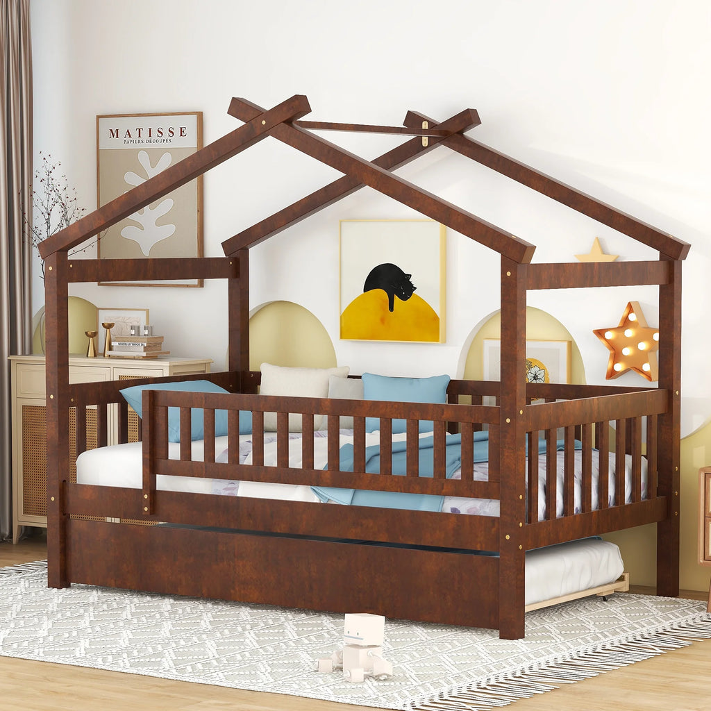 Twin-Size Wooden House-Shaped Bed with Trundle N98463
