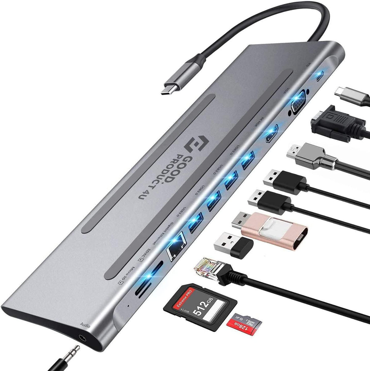 11-in-1 USB C Hub with 100W Power Delivery, 4K 60Hz HDMI, Ethernet, SD Card Reader M521