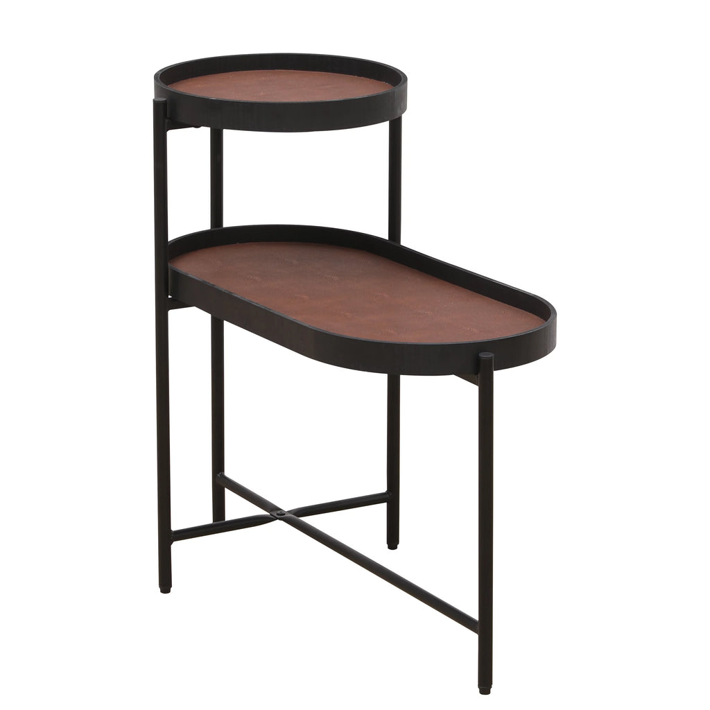 Brown 2-Tier Side Table with Wood & PU Tray X9264