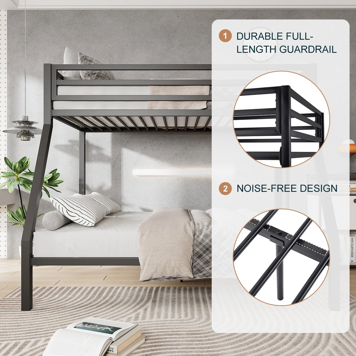 Black Twin Over Full Metal Bunk Bed with Stairs Z982