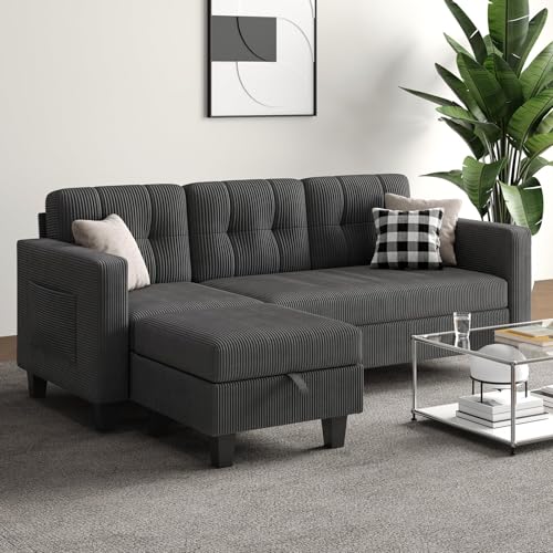 76 Inch L Shaped Corduroy Convertible Sectional Sofa with Reversible Storage Ottoman G365739