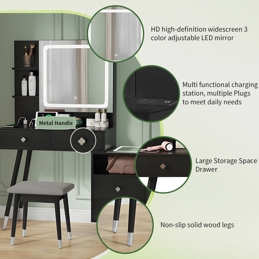 Black Dressing Table with Lighted Mirror, 4 Drawers and Stool W97092