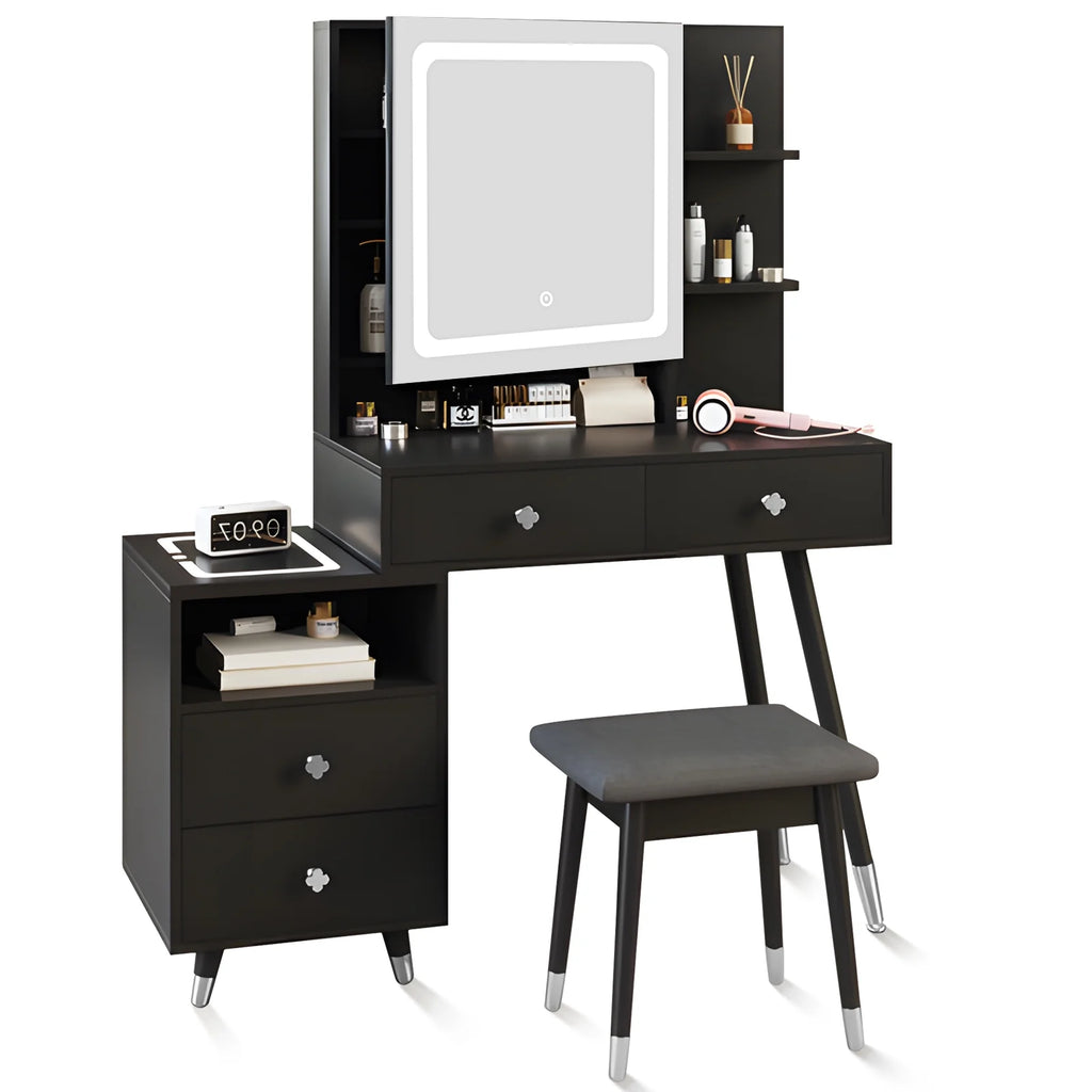 Black Dressing Table with Lighted Mirror, 4 Drawers and Stool W97092