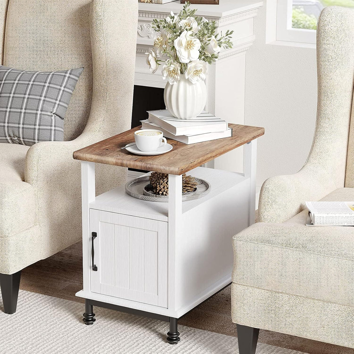 White Oak Nightstand with Storage Shelf and Cabinet P9387