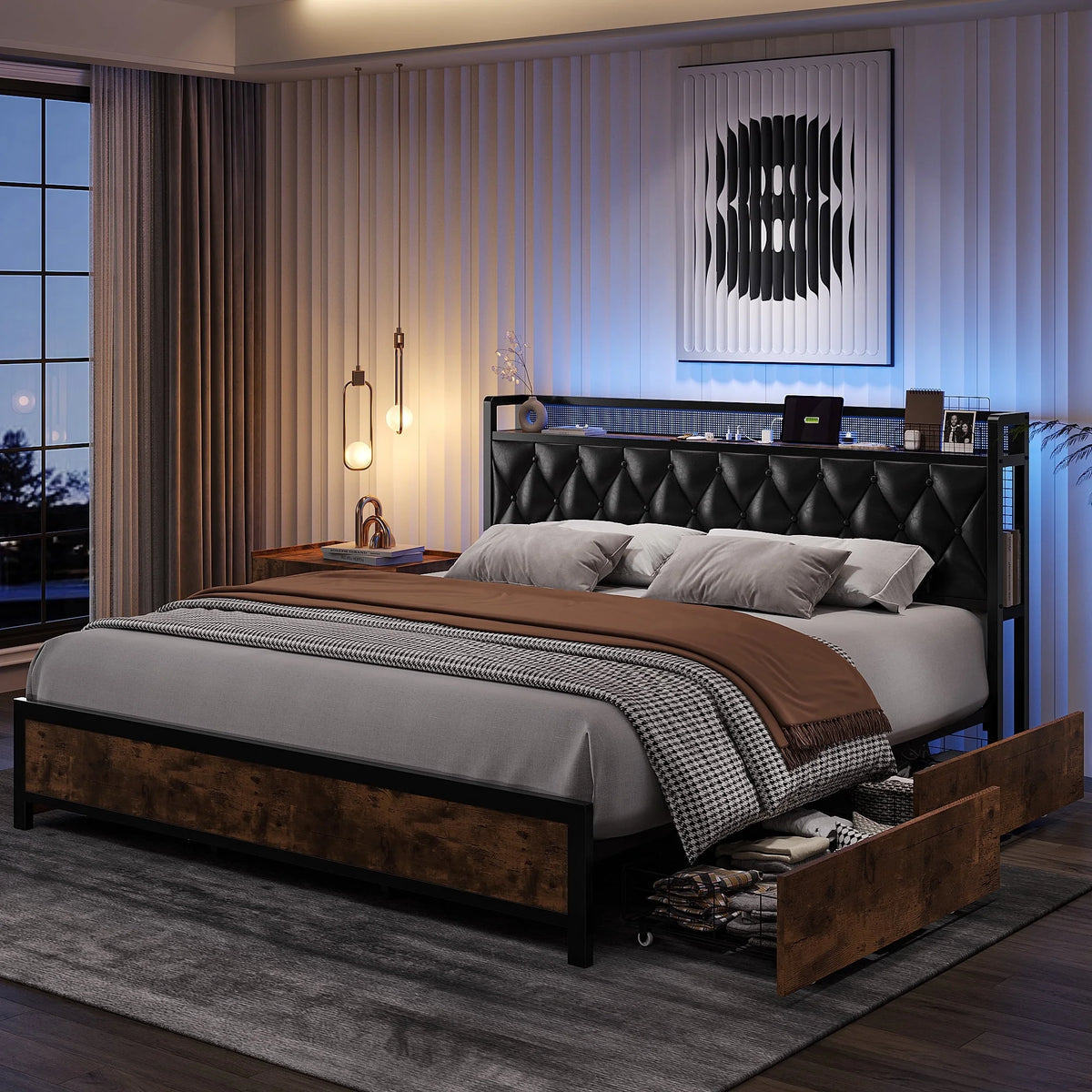 Black Full Size LED Bed Frame with 4 Storage Drawers S105388
