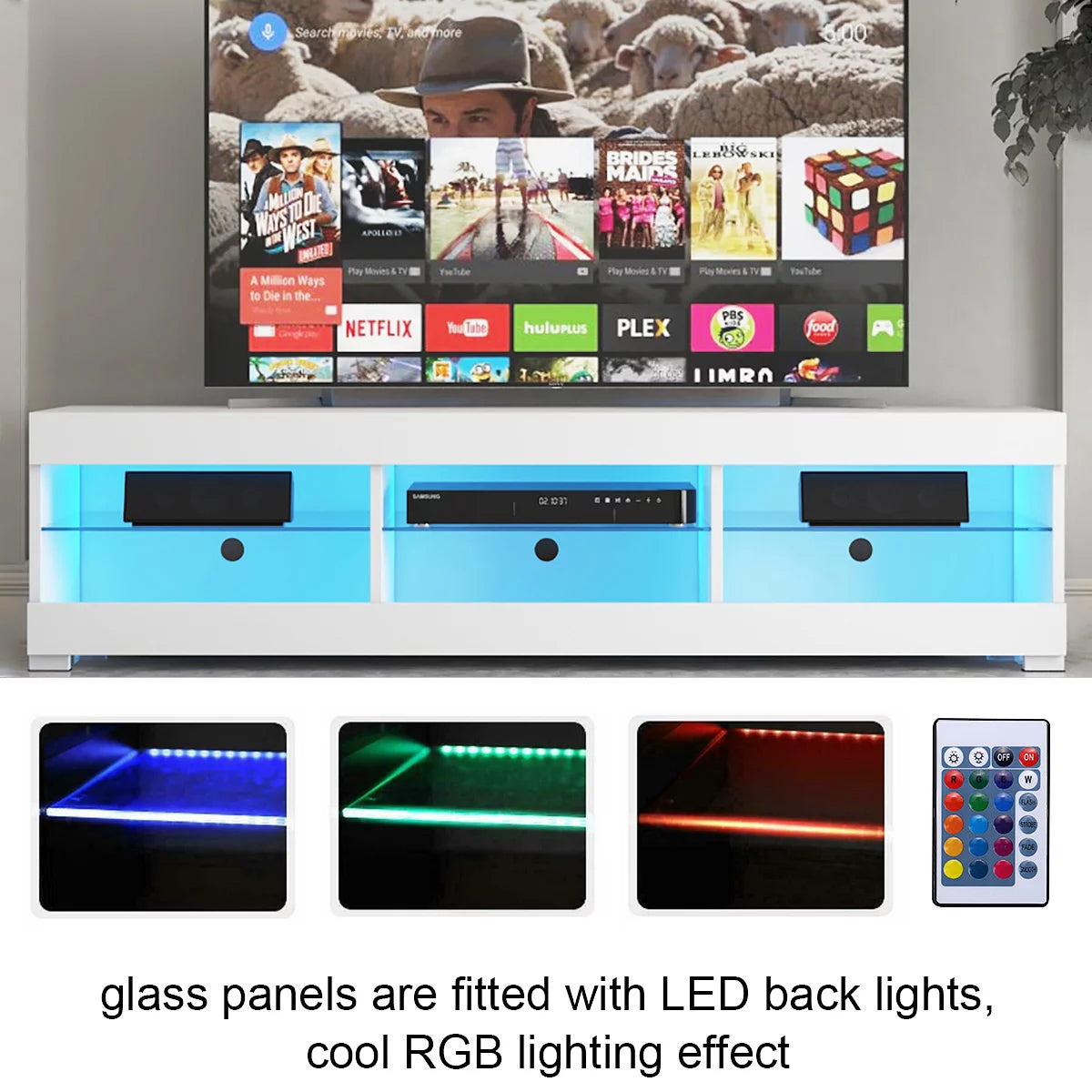 White TV Stand with LED Lights and Glass Shelf W1702