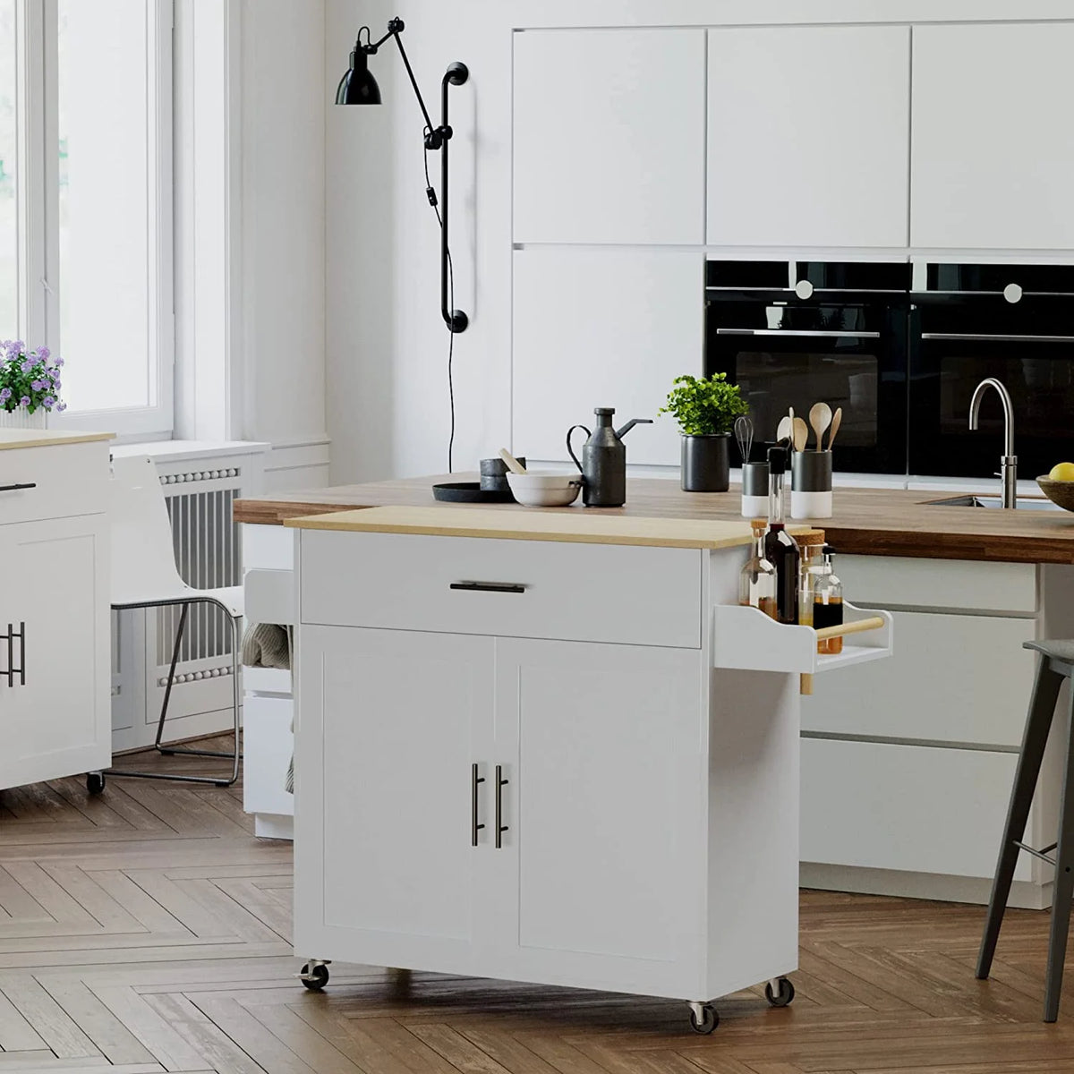 White Rolling Kitchen Island with Storage Cabinet W48928