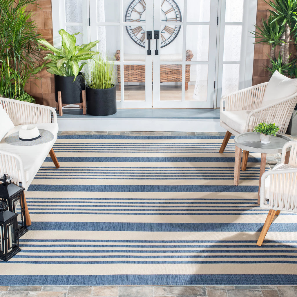 Beige Blue Striped Indoor Outdoor Area Rug 8' x 10' N796