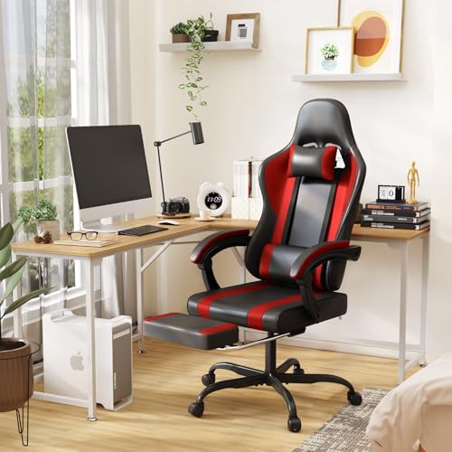 Black Red Gaming Chair with Footrest and Massage Lumbar Support V2961