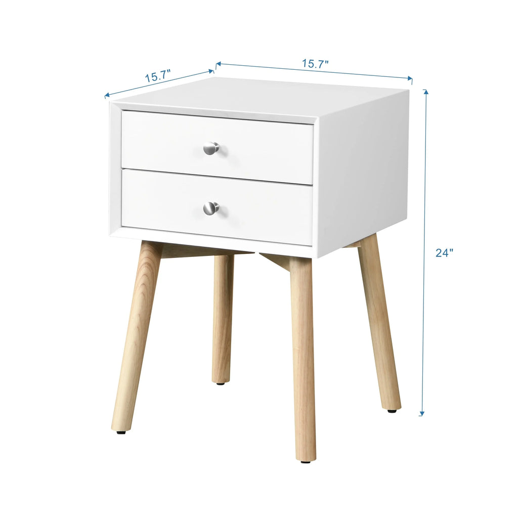 White Bedside Table with 2 Drawers and Rubber Wood Legs X594314
