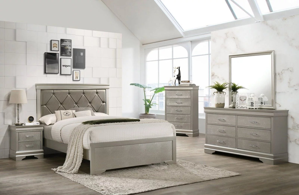 California King Size Panel Upholstery Bed Dresser Mirror Nightstand Set V19002