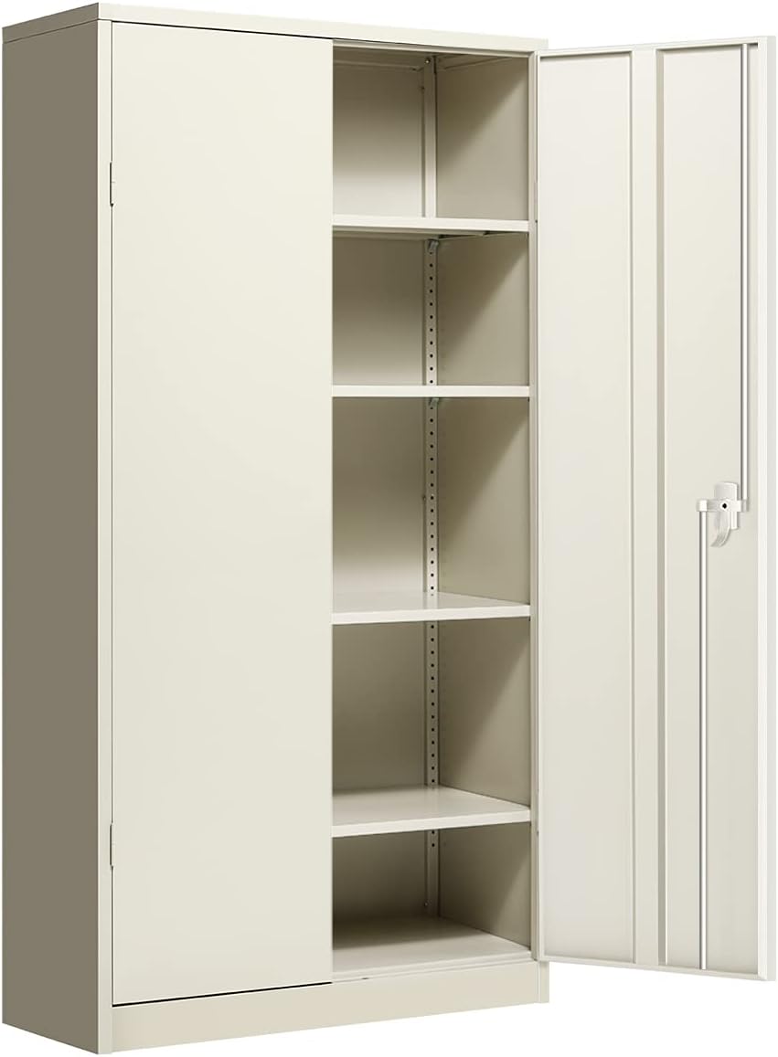 White Locking Metal Storage Cabinet with 2 Adjustable Shelves F328