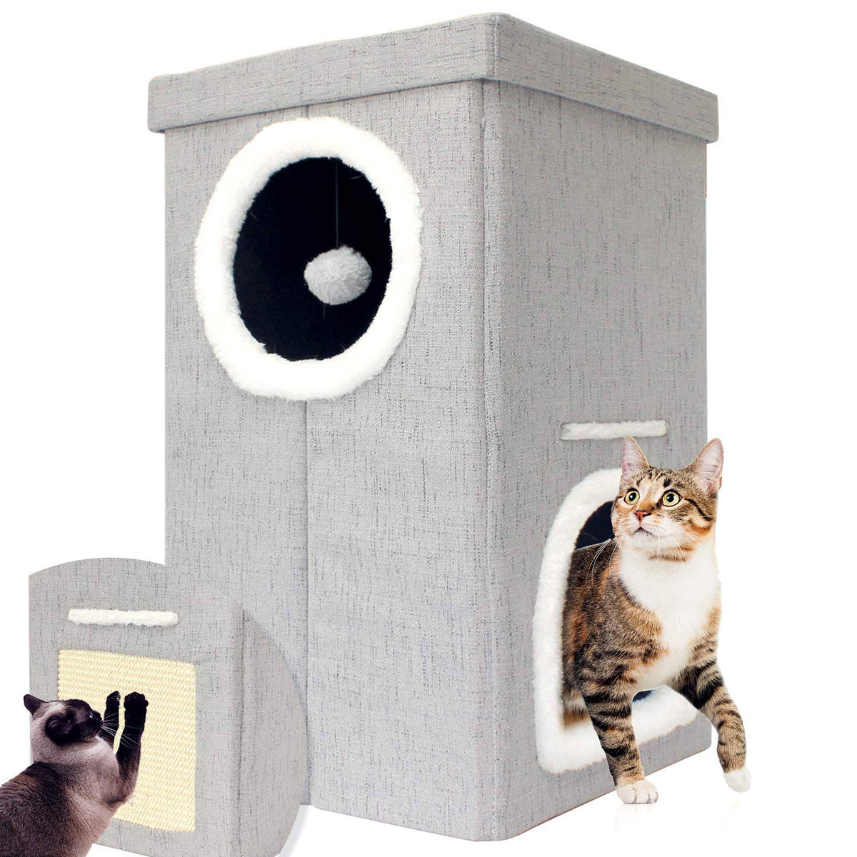 Collapsible 2-Level Plush Cat Condo Ottoman U4646