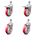 Polyurethane Swivel Threaded Stem Caster Set of 4 with 5 inch Red Wheels S821