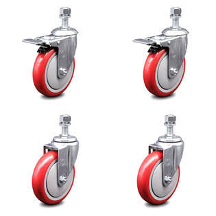 Polyurethane Swivel Threaded Stem Caster Set of 4 with 5 inch Red Wheels S821