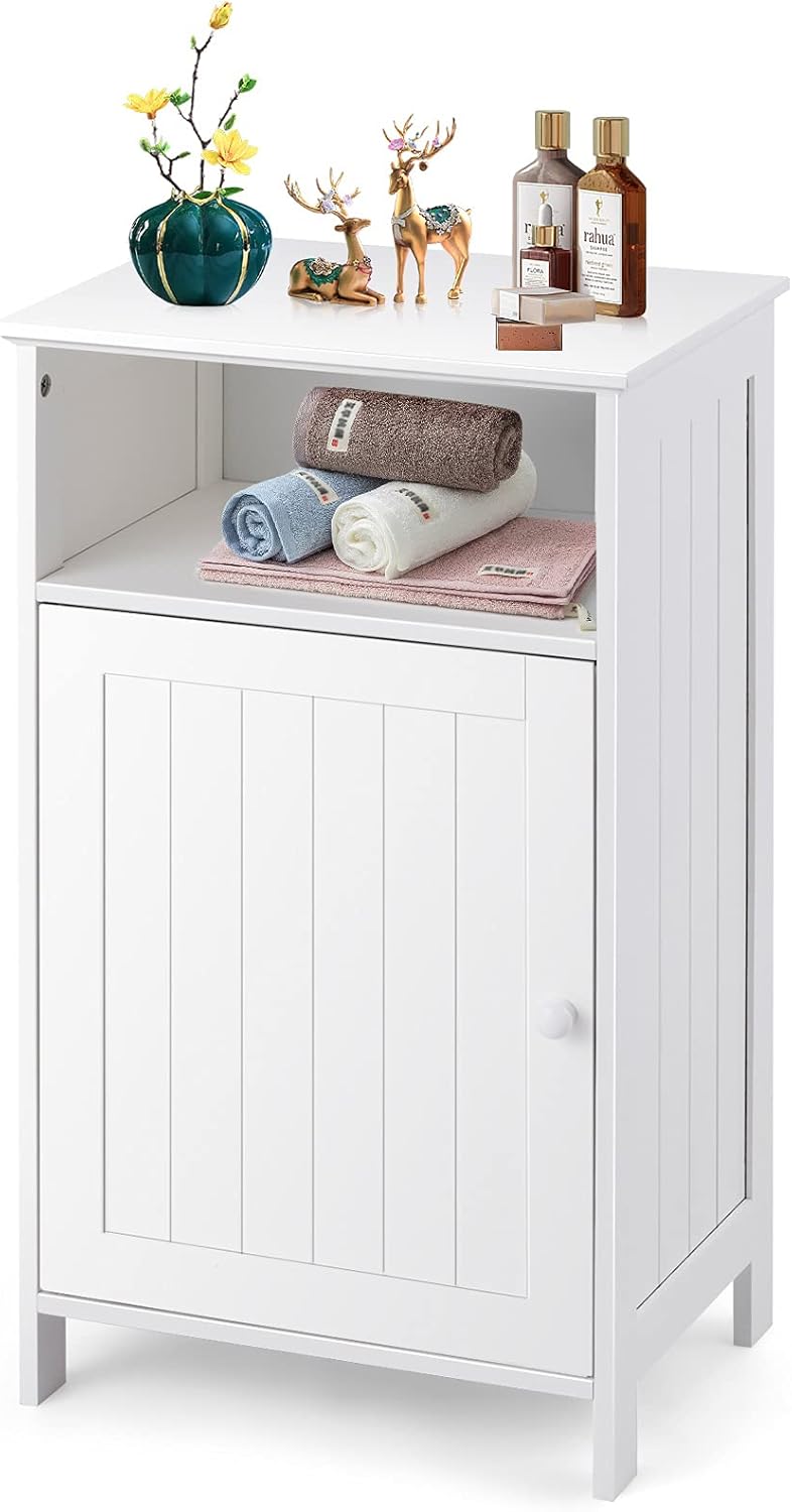 White Wooden Single Door Bathroom Floor Cabinet with Adjustable Shelf R94998