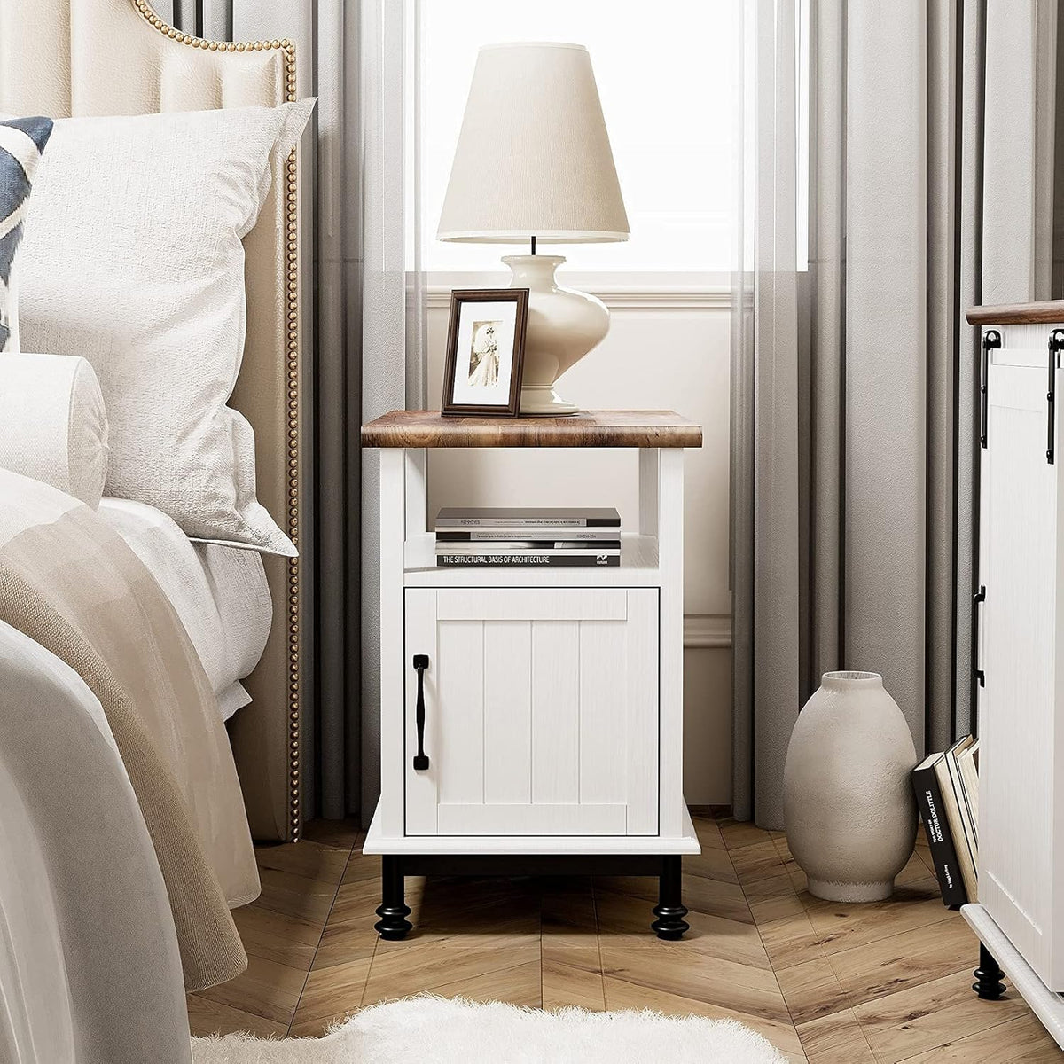 White Oak Nightstand with Storage Shelf and Cabinet P9387