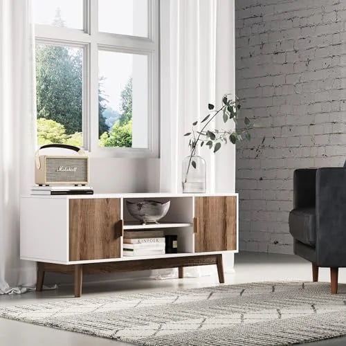 Media Console Cabinet or TV Stand with Doors in Natural Reclaimed Herringbone Wood Pattern and Metal D890667
