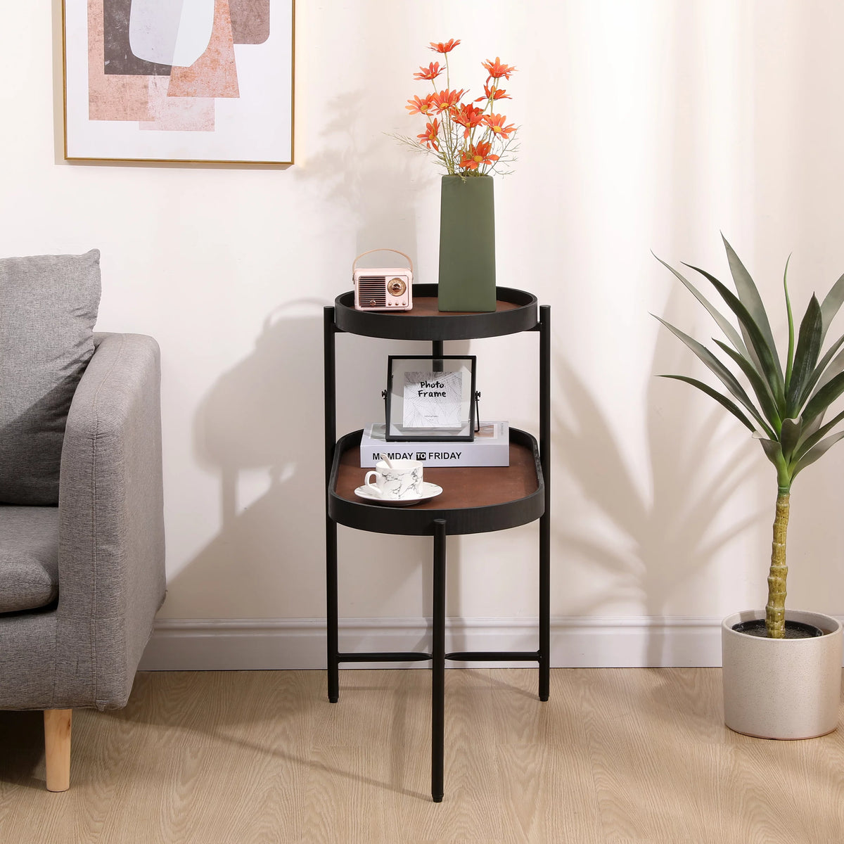 Brown 2-Tier Side Table with Wood & PU Tray X9264