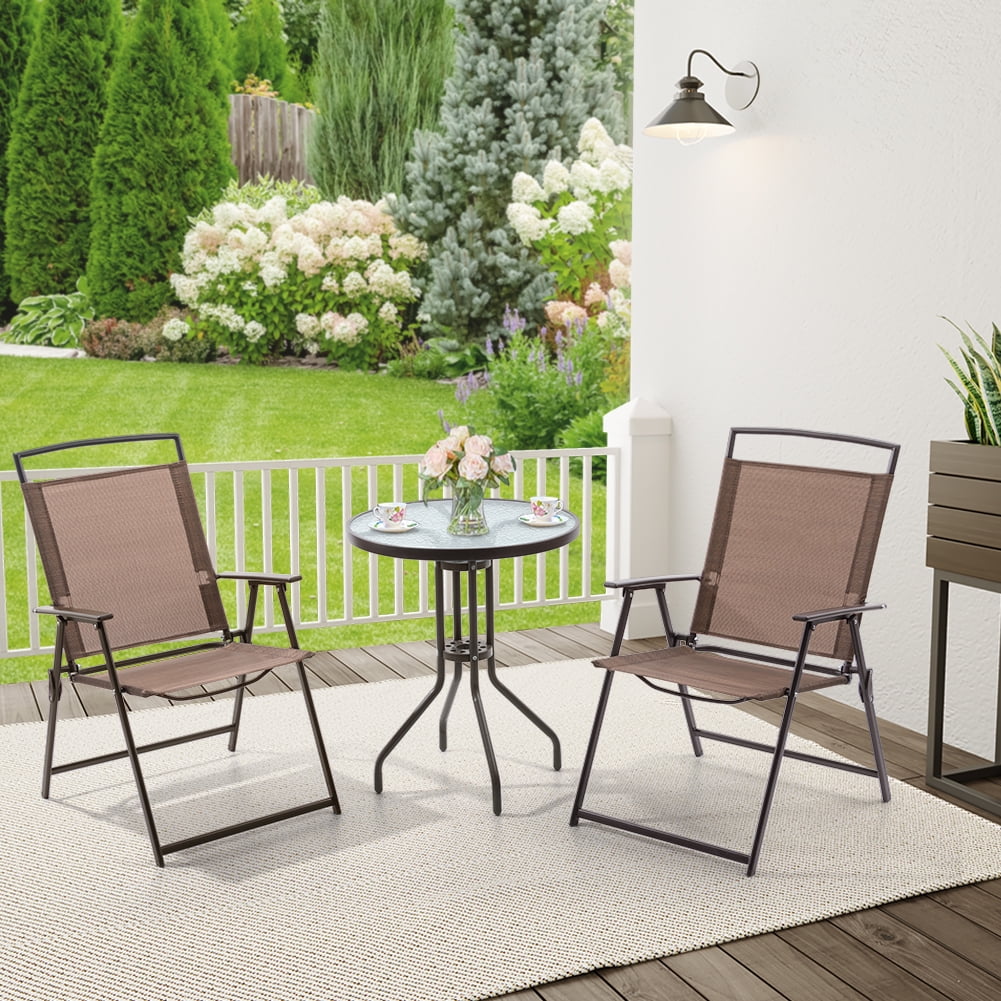 Metal Patio Bistro Table and Folding Chairs Set of 3 Brown P487
