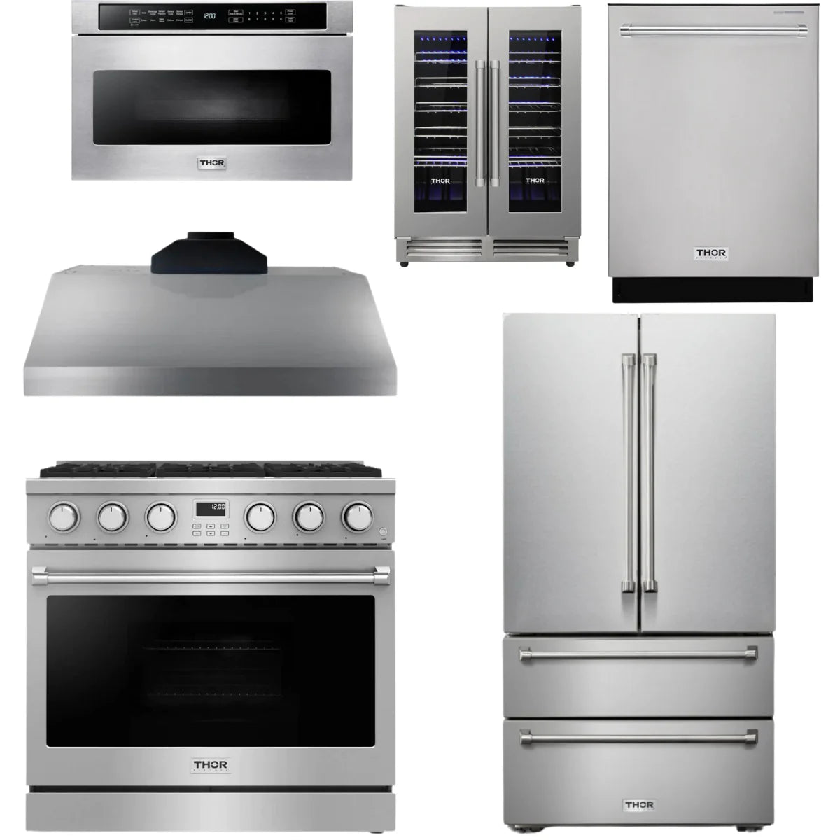 36 Gas Range, Range Hood, Refrigerator, Dishwasher, Microwave and Wine Cooler M308