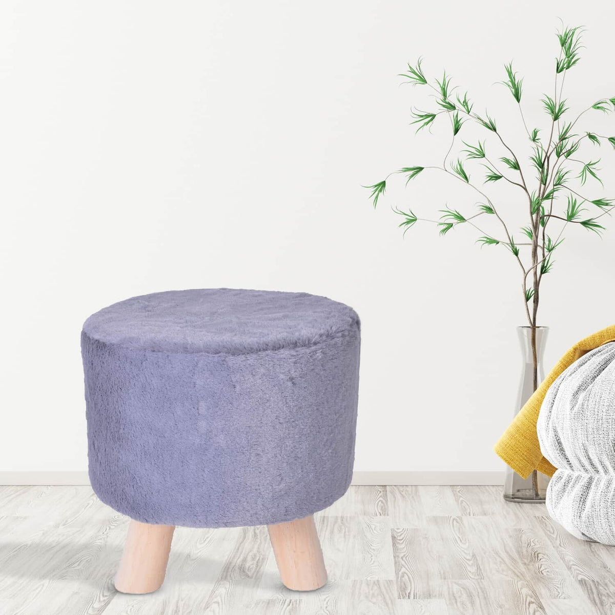 Grey Round Faux Fur Ottoman Foot Rest Stool I1805