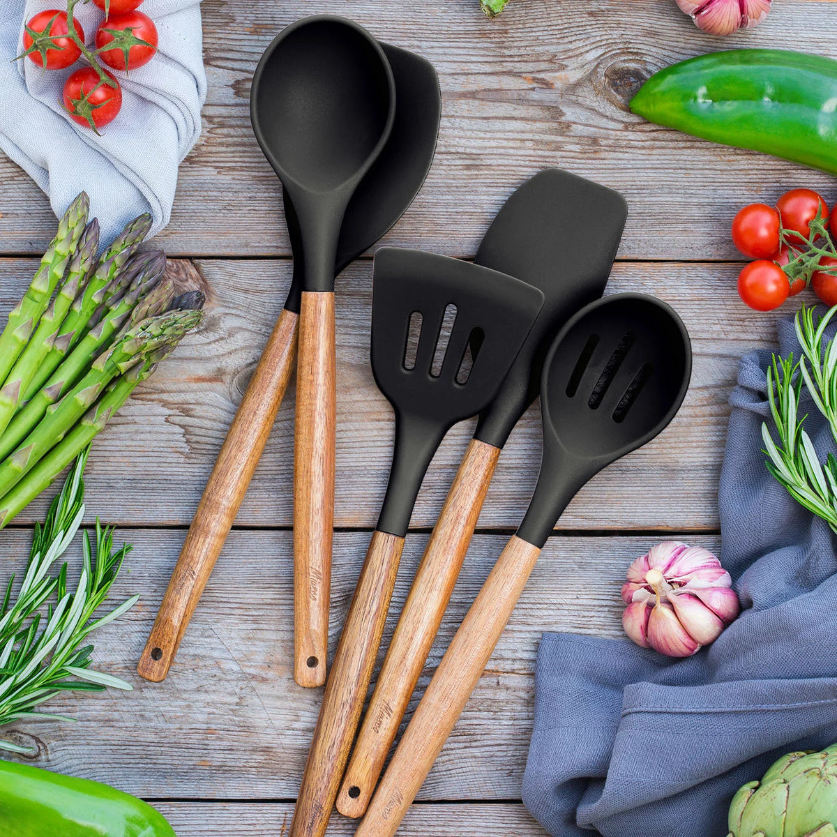 Black 5 pcs Nonstick Silicone Cooking Utensils Set C366097