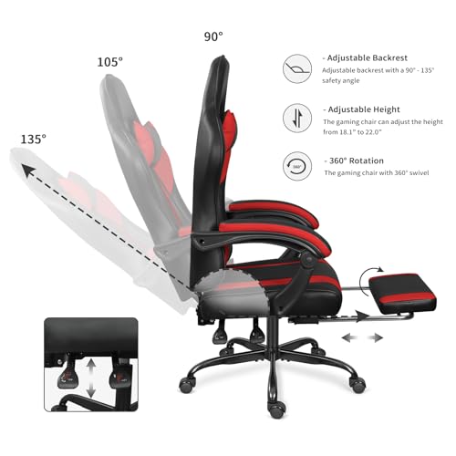Black Red Gaming Chair with Footrest and Massage Lumbar Support V2961