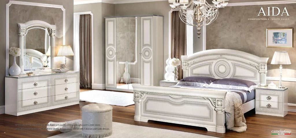 Glossy White Silver Finish King Platform Bedroom Set 5Pcs W415