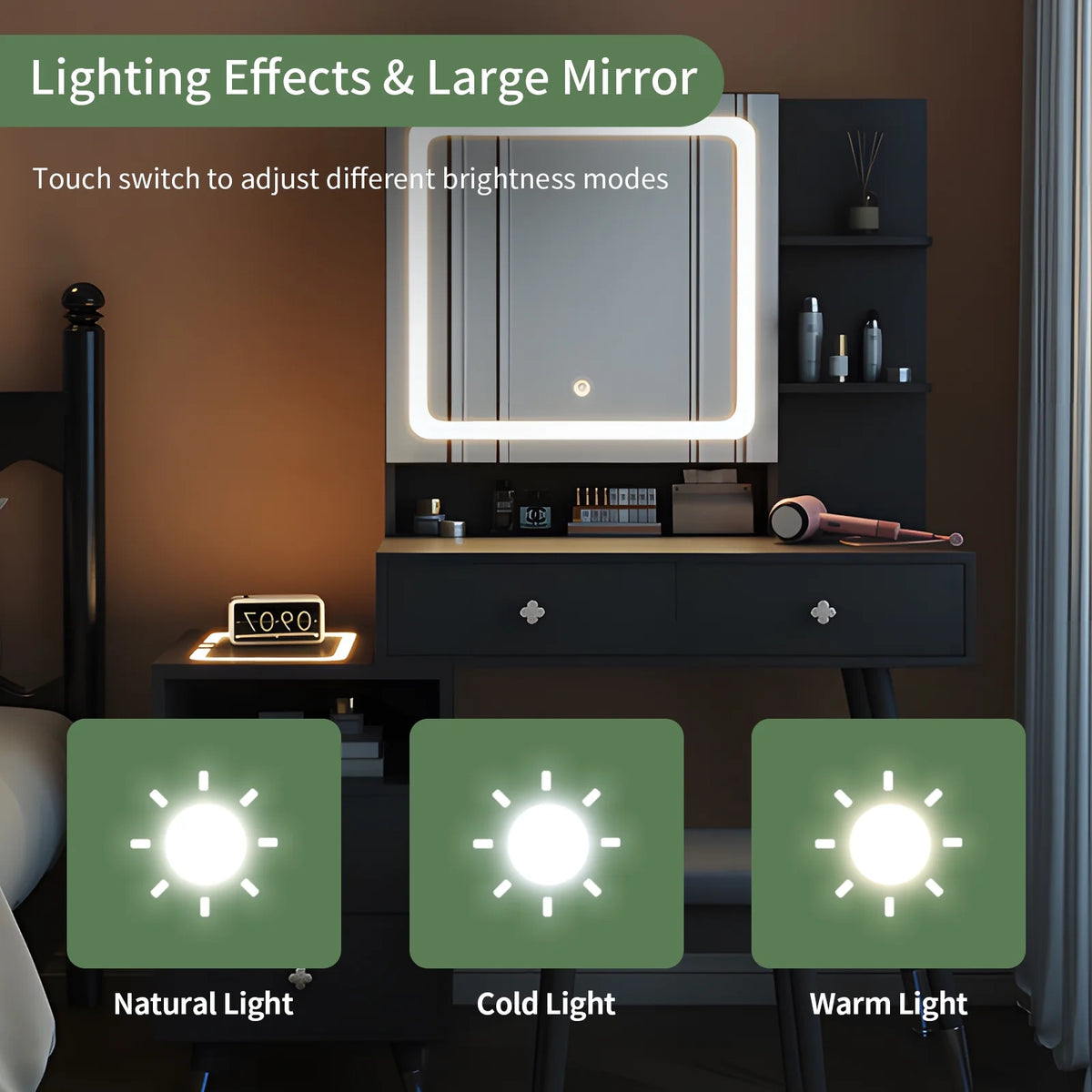 Black Dressing Table with Lighted Mirror, 4 Drawers and Stool W97092