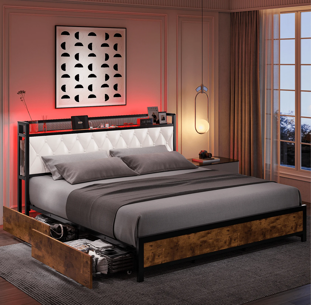 Black Full Size LED Bed Frame with 4 Storage Drawers S105388