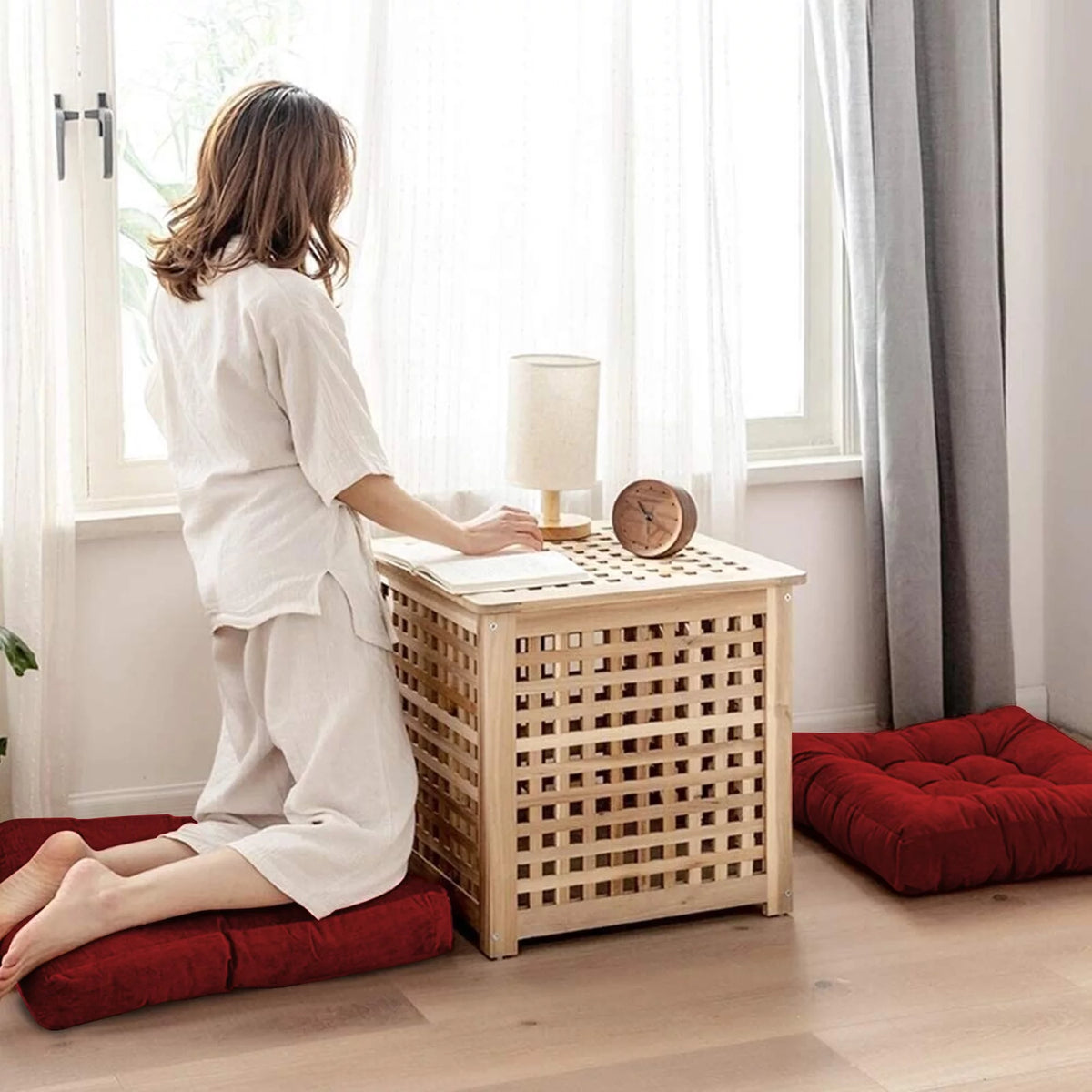 22 Inch Square Cotton Floor Pillow, 2Pcs Wine Red R53981