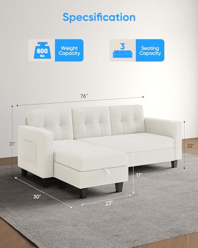 76 Inch L Shaped Corduroy Convertible Sectional Sofa with Reversible Storage Ottoman G365739