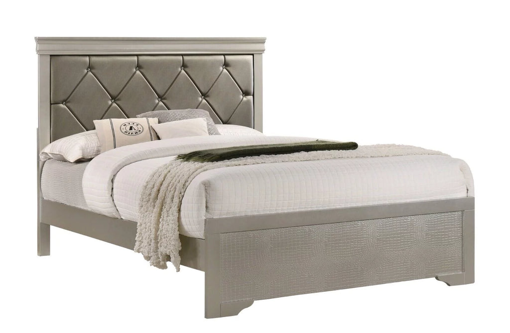 California King Size Panel Upholstery Bed Dresser Mirror Nightstand Set V19002