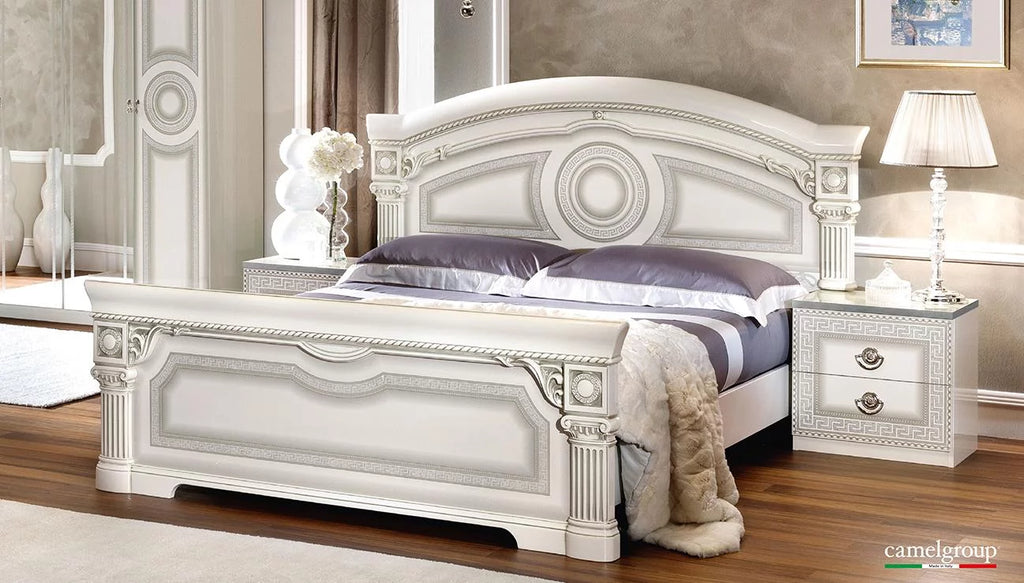 Glossy White Silver Finish King Platform Bedroom Set 5Pcs W415