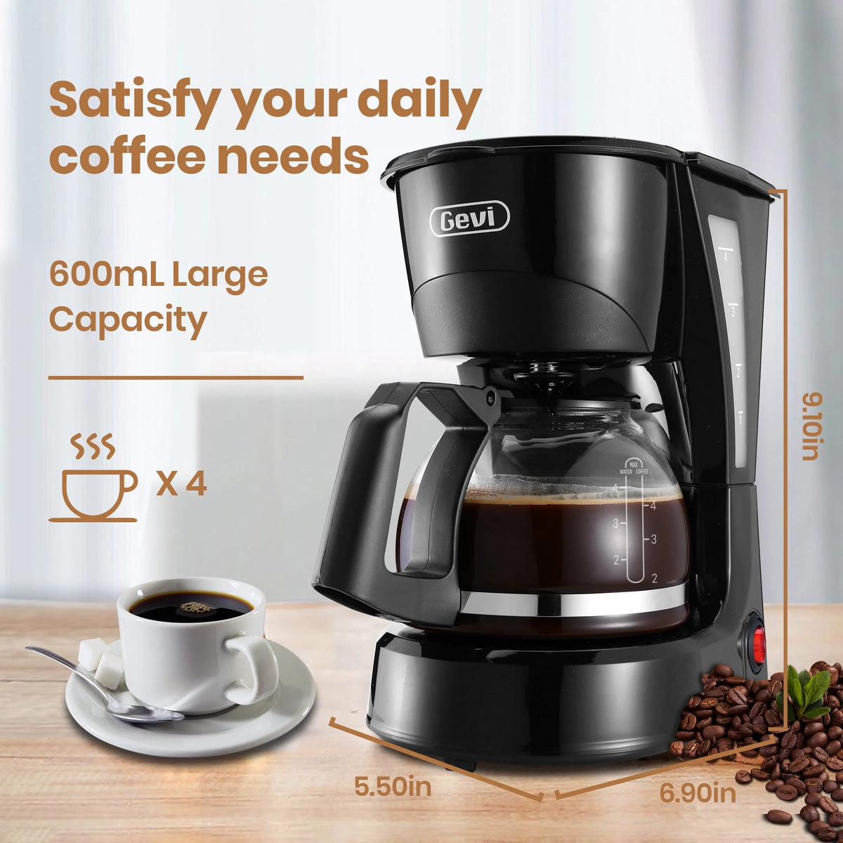 4 Cup Black Drip Coffee Maker with Reusable Filter V208