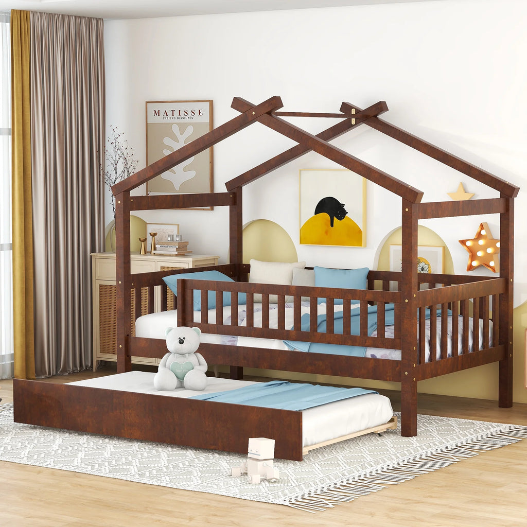 Twin-Size Wooden House-Shaped Bed with Trundle N98463