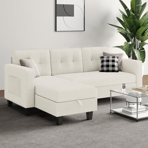 76 Inch L Shaped Corduroy Convertible Sectional Sofa with Reversible Storage Ottoman G365739