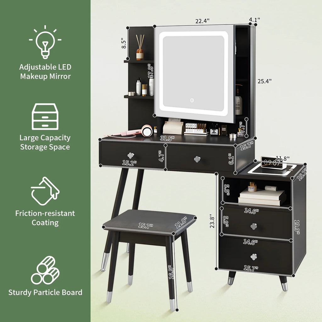 Black Dressing Table with Lighted Mirror, 4 Drawers and Stool W97092