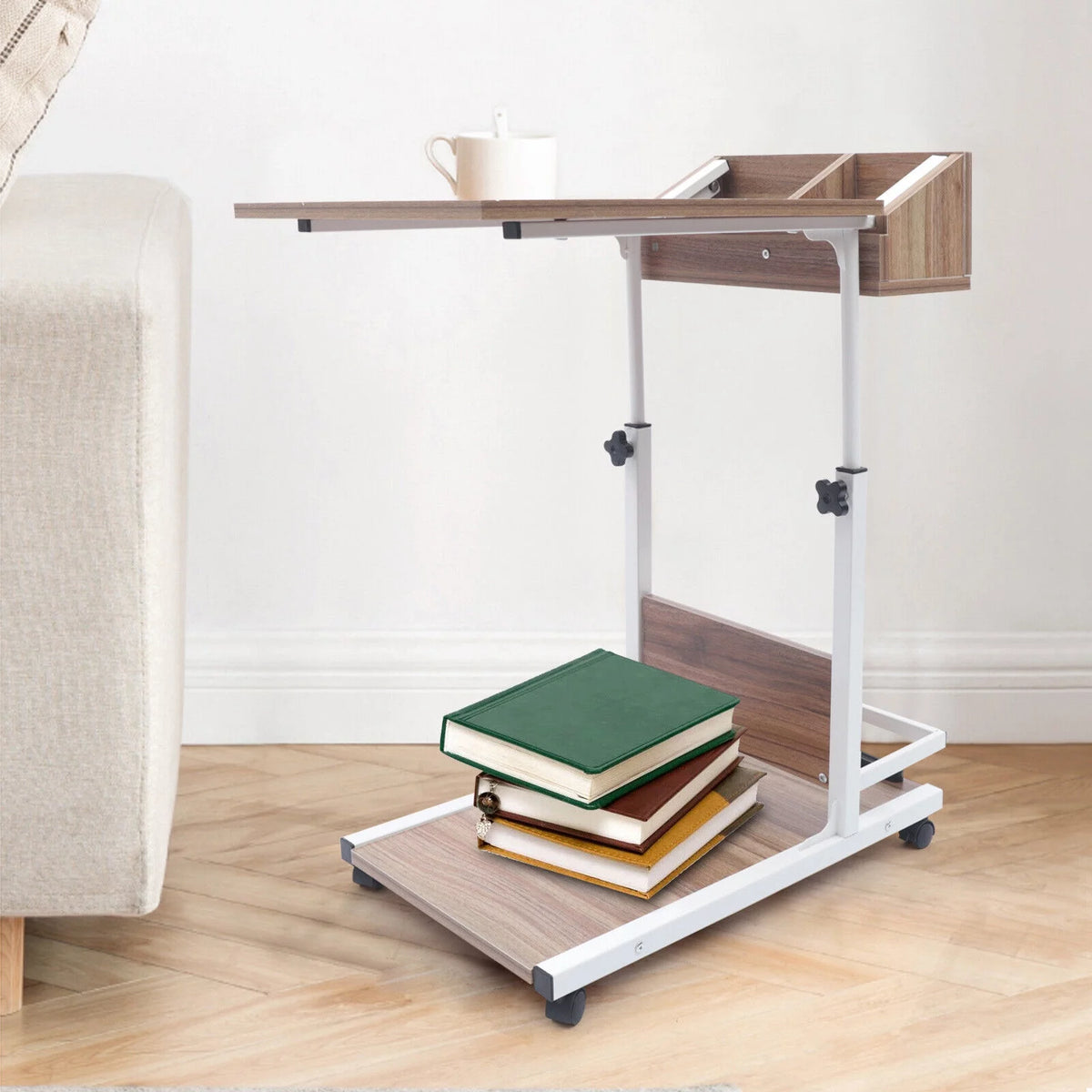 Wooden Bed Side Table with Storage and Wheels E96582