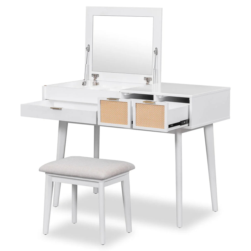 43.3" Wood Makeup Vanity Set with Flip-top Mirror and Stool Q5090