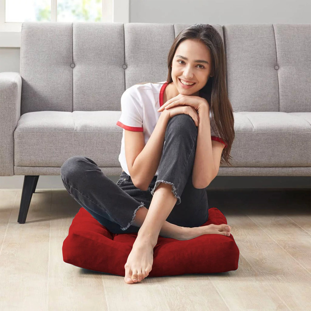 22 Inch Square Cotton Floor Pillow, 2Pcs Wine Red R53981