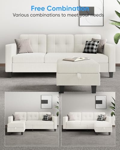 76 Inch L Shaped Corduroy Convertible Sectional Sofa with Reversible Storage Ottoman G365739