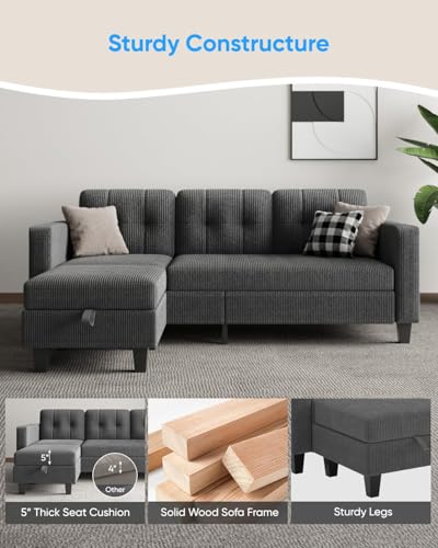 76 Inch L Shaped Corduroy Convertible Sectional Sofa with Reversible Storage Ottoman G365739